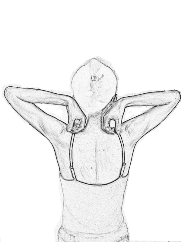 五十肩予防の肩甲骨ストレッチ肩腕回し運動：首の付け根から方付近の洋服をつまむ